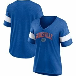 Fanatics Branded Women's Heathered Royal Florida Gators Arched City Sleeve-Striped Tri-Blend V-Neck T-Shirt