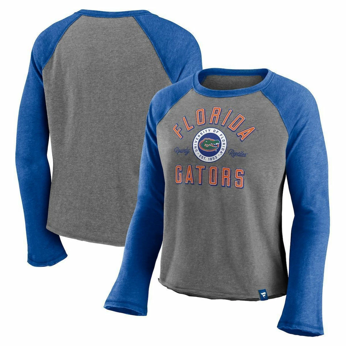 Women's Fanatics Branded Heathered Gray/Heathered Royal Florida Gators Competitive Edge Cropped Raglan Long Sleeve T-Shirt - Image 2